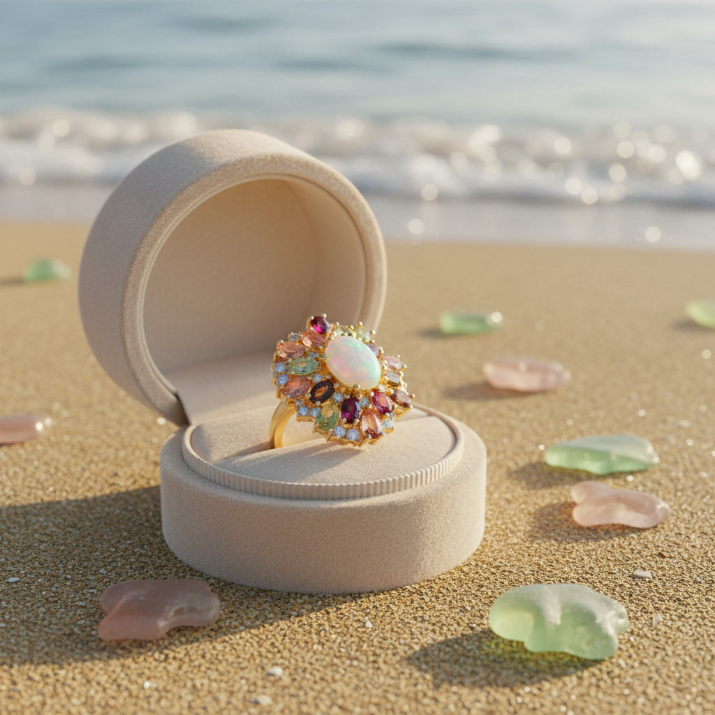 Fire Opal and Multicolor Tourmaline Statement Ring 7x9mm