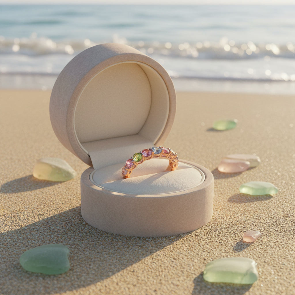 Natural Multi Tourmaline Ring with 3mm colorful gemstones in 925 sterling silver with platinum plated finish by PHIMSERA