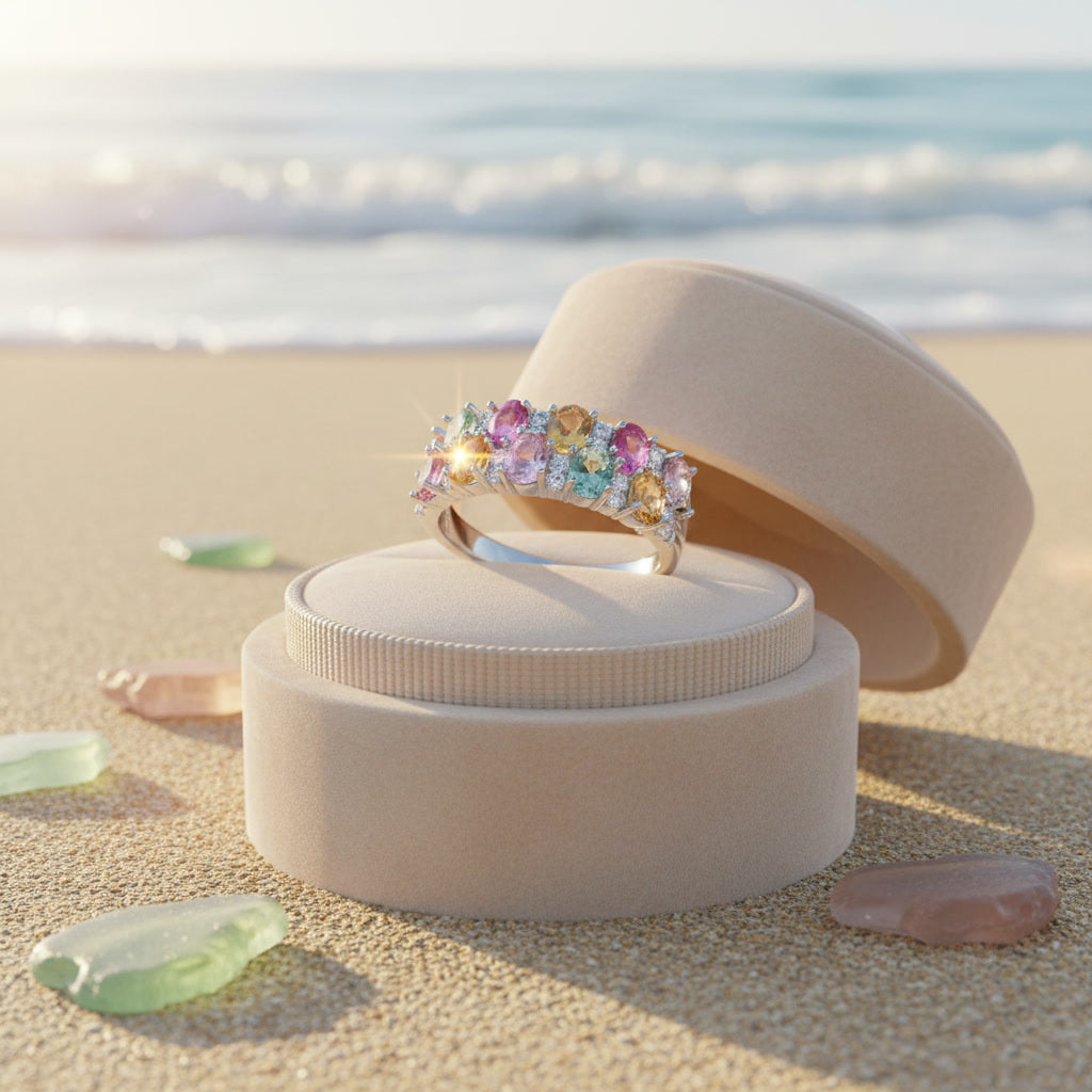 Natural Multi Tourmaline Cluster Ring with 3x4mm colorful gemstones and cubic zirconia accents in 925 sterling silver with platinum plated finish by PHIMSERA