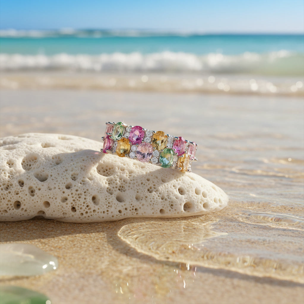 Natural Multi Tourmaline Cluster Ring with 3x4mm colorful gemstones and cubic zirconia accents in 925 sterling silver with platinum plated finish by PHIMSERA
