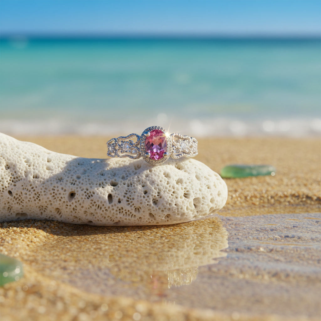 Natural Brazilian Pink Tourmaline Vintage Halo Ring with 4x6mm oval gemstone and cubic zirconia accents in 925 sterling silver with platinum plated finish by PHIMSERA