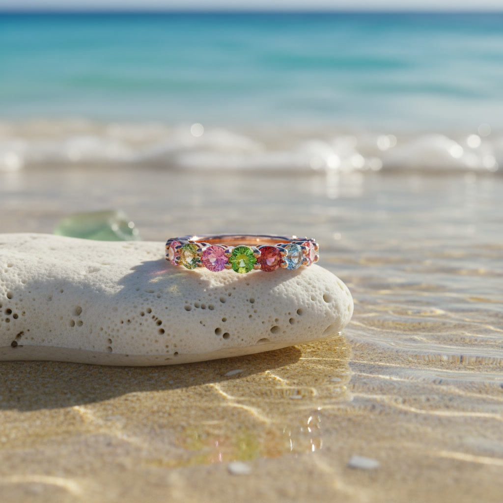 Natural Multi Tourmaline Ring with 3mm colorful gemstones in 925 sterling silver with platinum plated finish by PHIMSERA