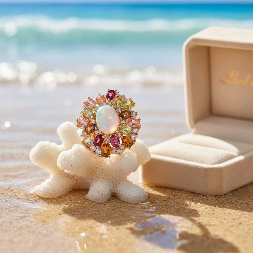 Fire Opal and Multicolor Tourmaline Statement Ring 7x9mm