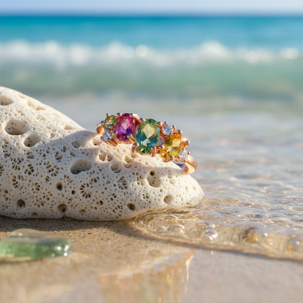 Natural Multi Tourmaline Statement Ring with mixed cut rainbow gemstones in pink green blue and golden tones crafted in 925 sterling silver by PHIMSERA