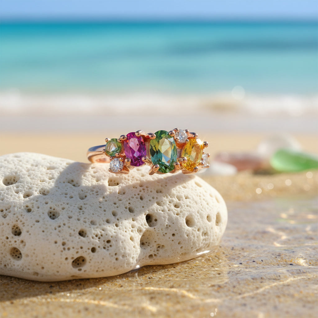 Natural Multi Tourmaline Statement Ring with mixed cut rainbow gemstones in pink green blue and golden tones crafted in 925 sterling silver by PHIMSERA