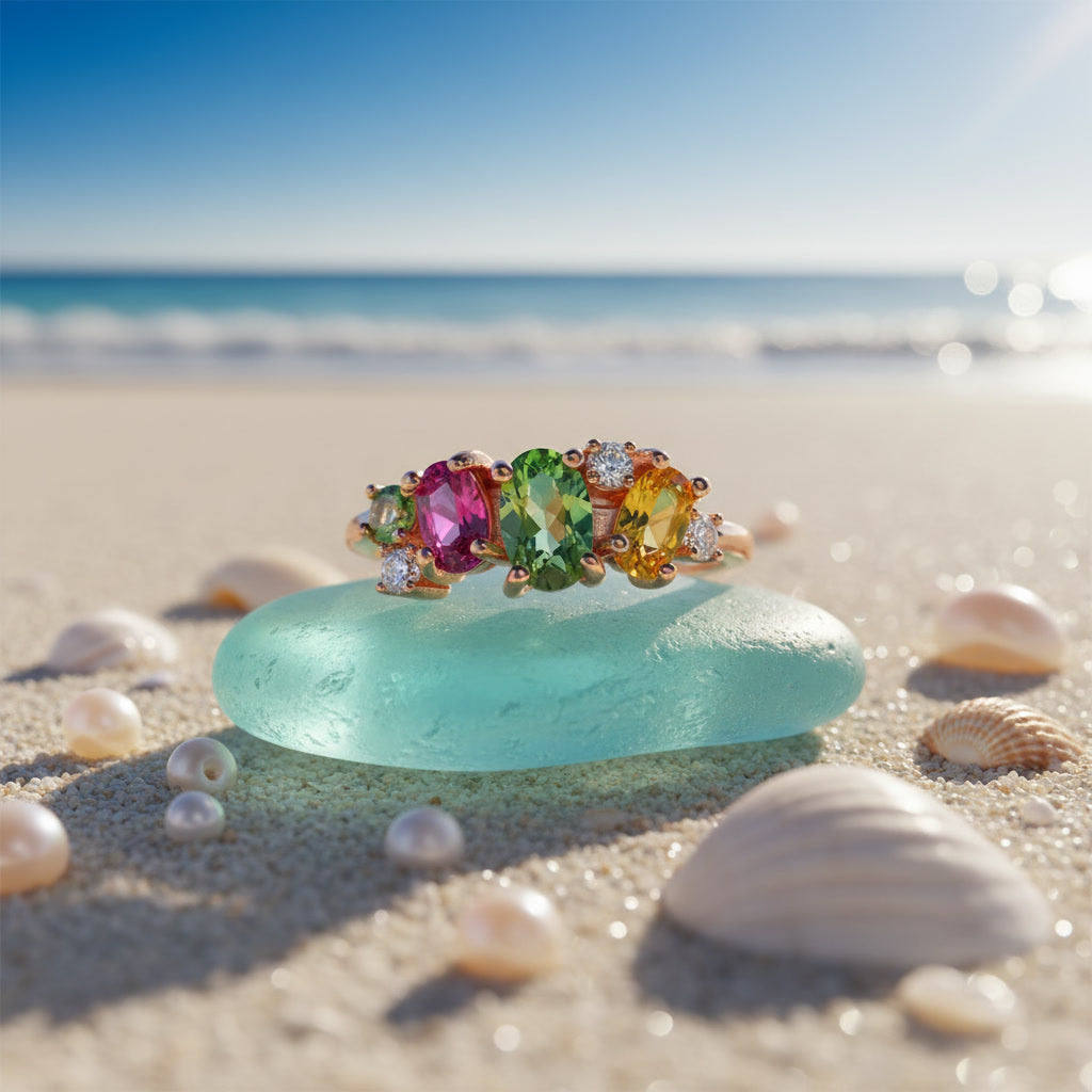 Natural Multi Tourmaline Statement Ring with mixed cut rainbow gemstones in pink green blue and golden tones crafted in 925 sterling silver by PHIMSERA