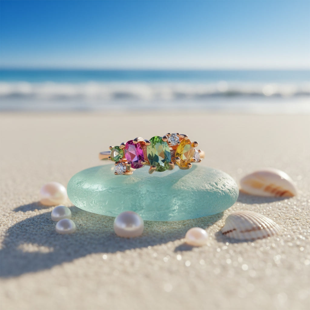Natural Multi Tourmaline Statement Ring with mixed cut rainbow gemstones in pink green blue and golden tones crafted in 925 sterling silver by PHIMSERA