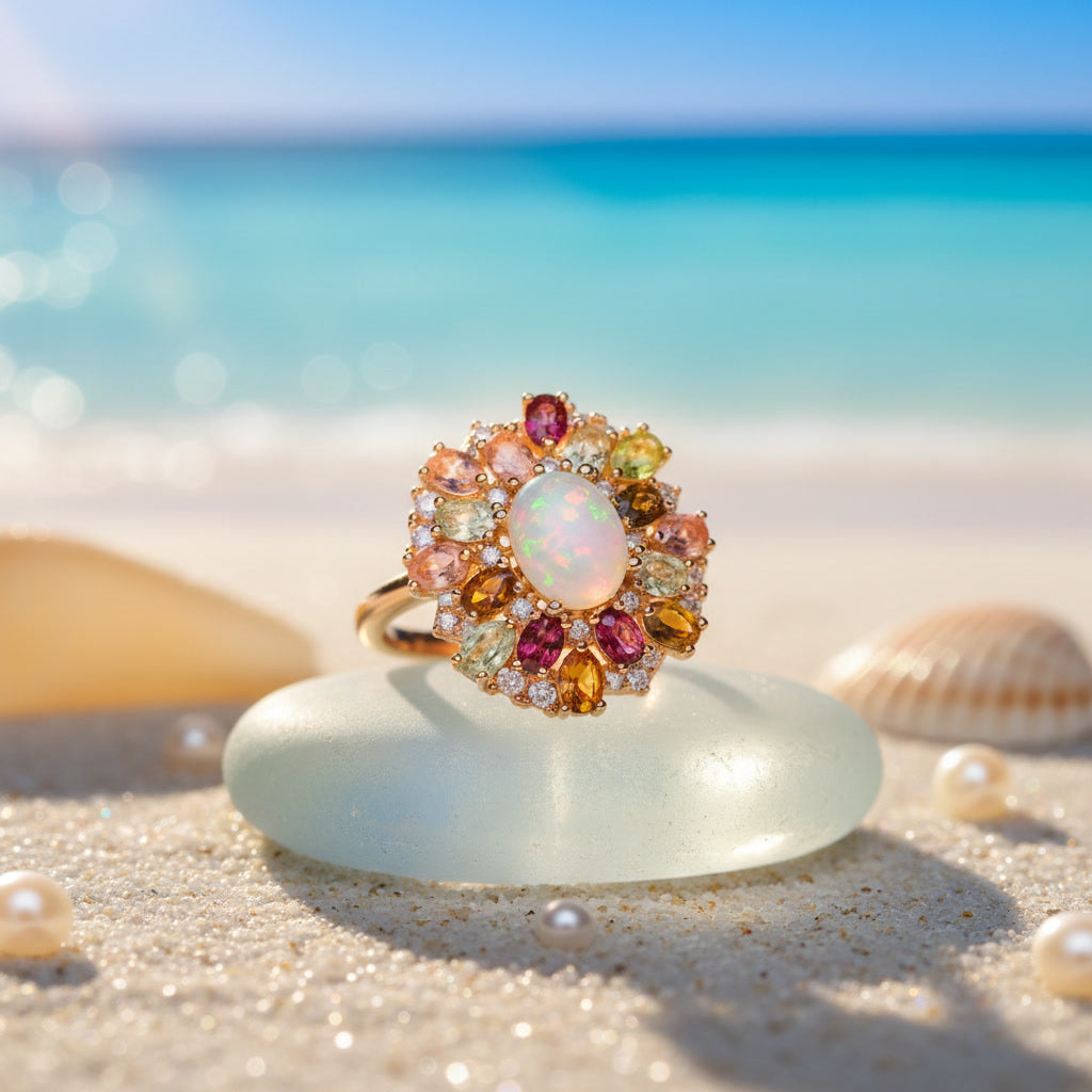 Fire Opal and Multicolor Tourmaline Statement Ring 7x9mm