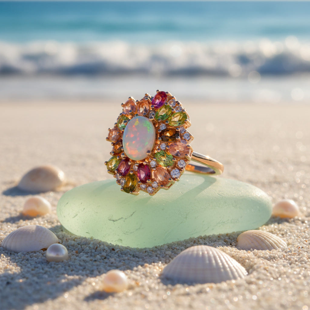 Fire Opal and Multicolor Tourmaline Statement Ring 7x9mm