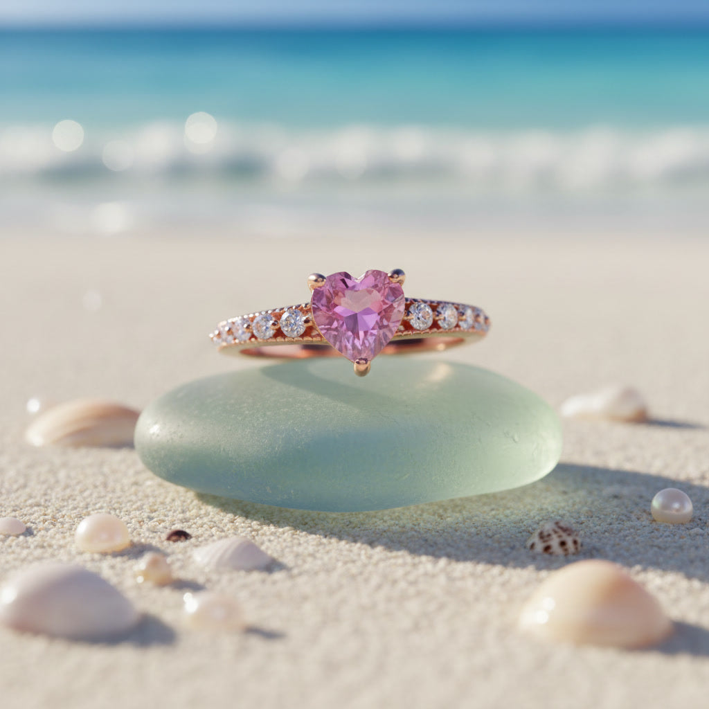 Natural Brazilian Heart Tourmaline Ring with 6mm heart-cut gemstone and cubic zirconia accents in 925 sterling silver by PHIMSERA