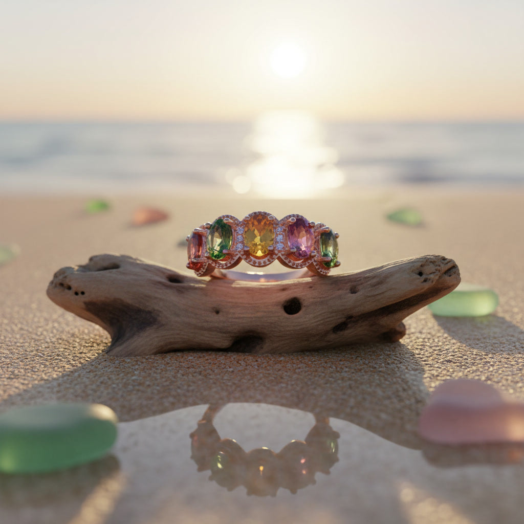 Natural Multi Tourmaline Statement Ring with 4x6mm oval colorful gemstones and cubic zirconia accents in 925 sterling silver with platinum plated finish by PHIMSERA