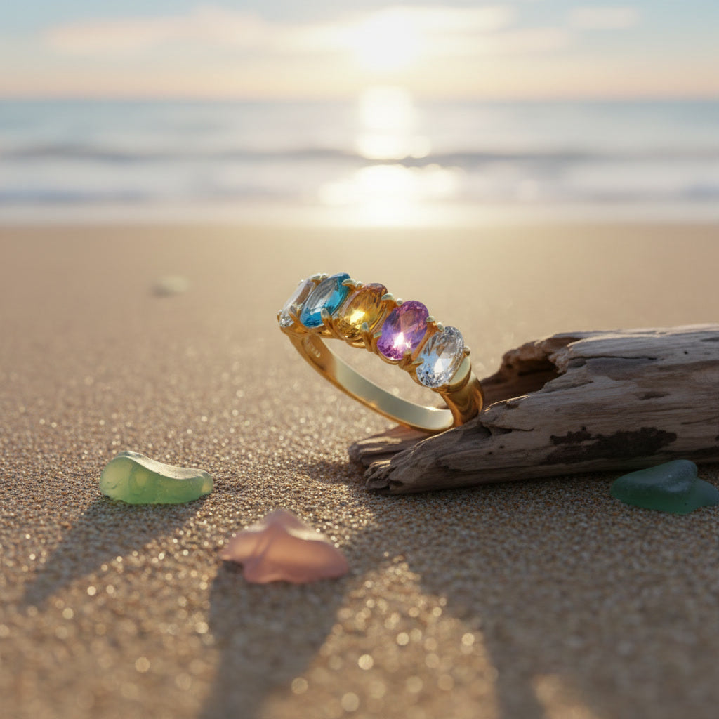 Natural Multi Tourmaline Five Stone Ring with 3x4mm marquise-cut colorful gemstones in 925 sterling silver with platinum plated finish by PHIMSERA
