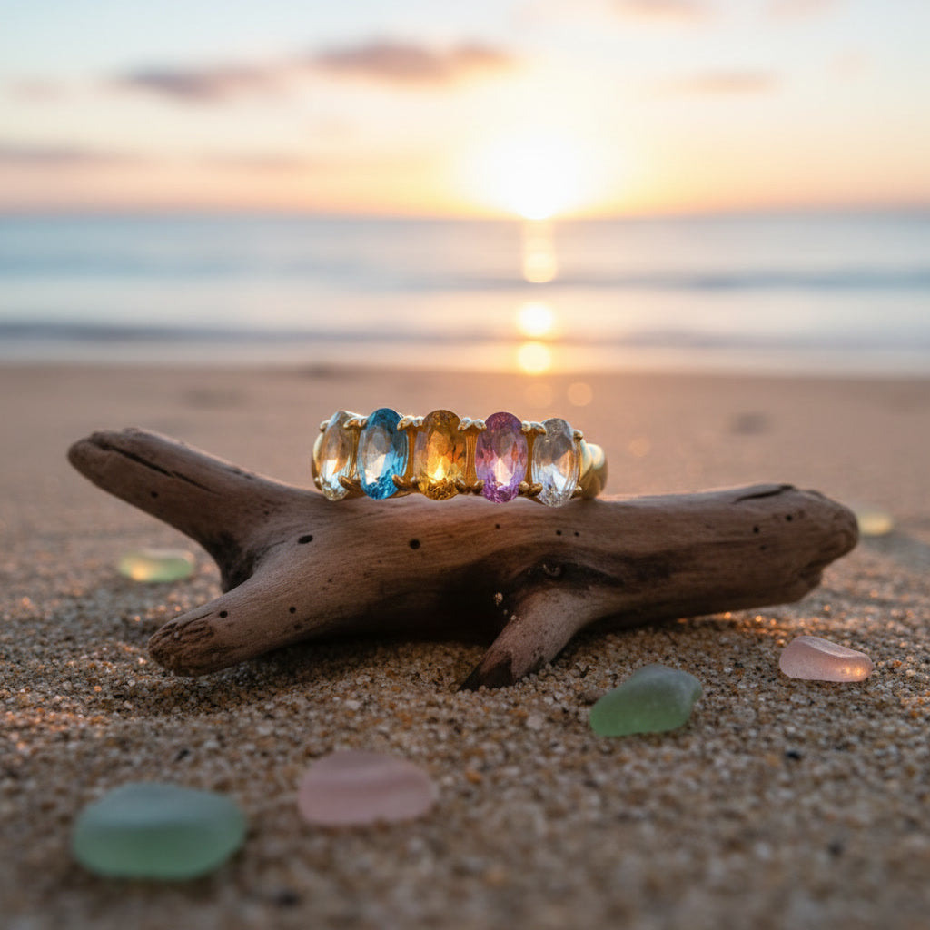 Natural Multi Tourmaline Five Stone Ring with 3x4mm marquise-cut colorful gemstones in 925 sterling silver with platinum plated finish by PHIMSERA