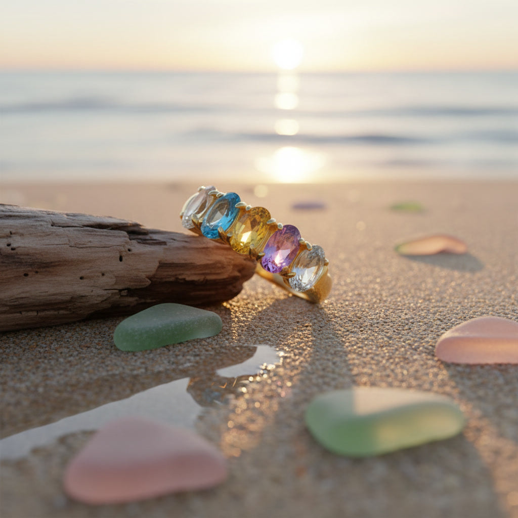 Natural Multi Tourmaline Five Stone Ring with 3x4mm marquise-cut colorful gemstones in 925 sterling silver with platinum plated finish by PHIMSERA
