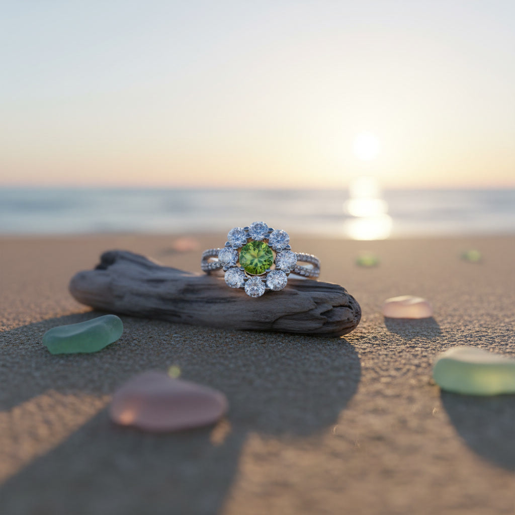 Natural Peridot Halo Ring 5mm Round August Birthstone 925 Sterling Silver CZ
