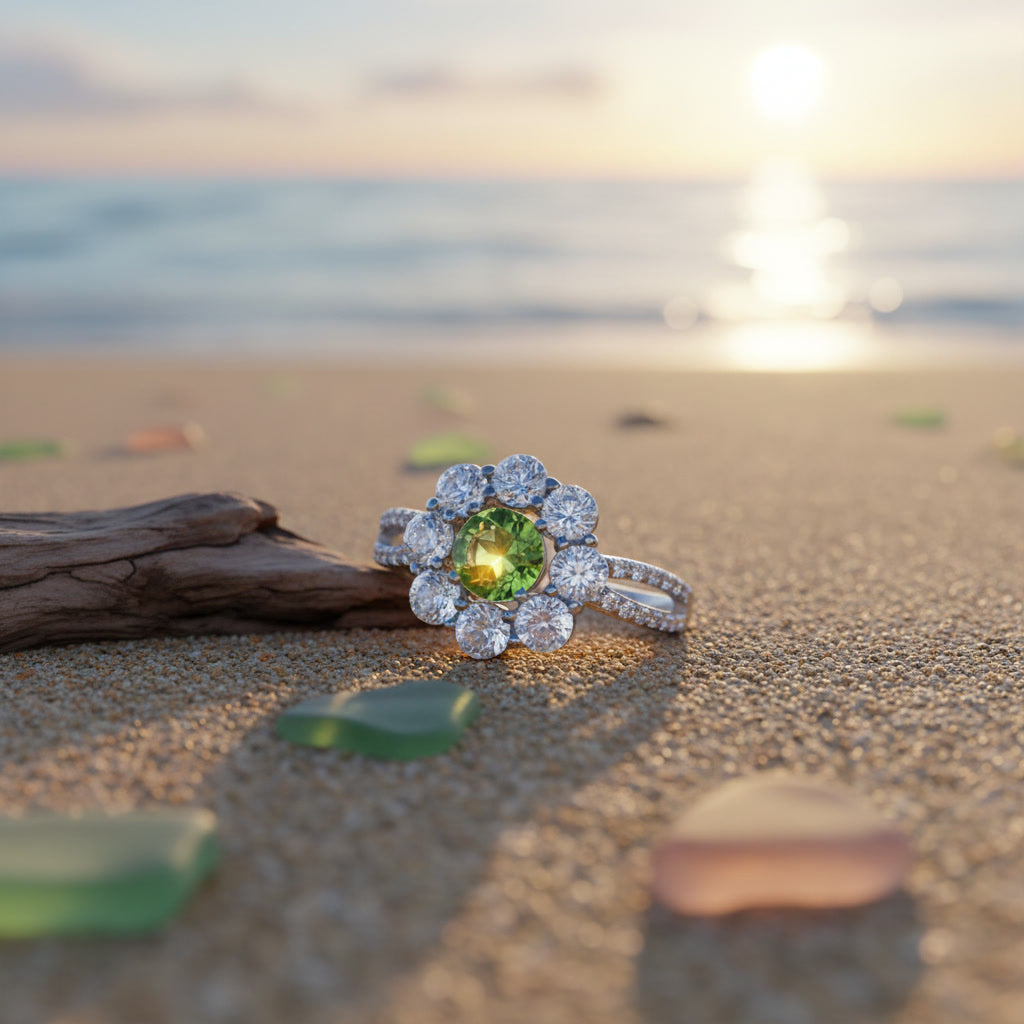 Natural Peridot Halo Ring 5mm Round August Birthstone 925 Sterling Silver CZ