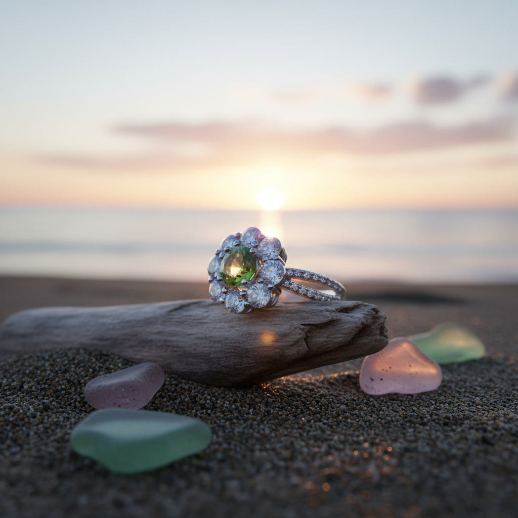 Natural Peridot Halo Ring 5mm Round August Birthstone 925 Sterling Silver CZ