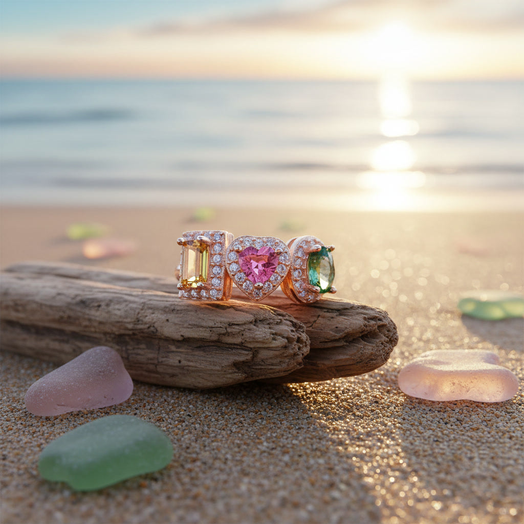 Natural Brazilian Multi Tourmaline Ring with emerald-cut, heart, and oval gemstones in 925 sterling silver with cubic zirconia accents by PHIMSERA