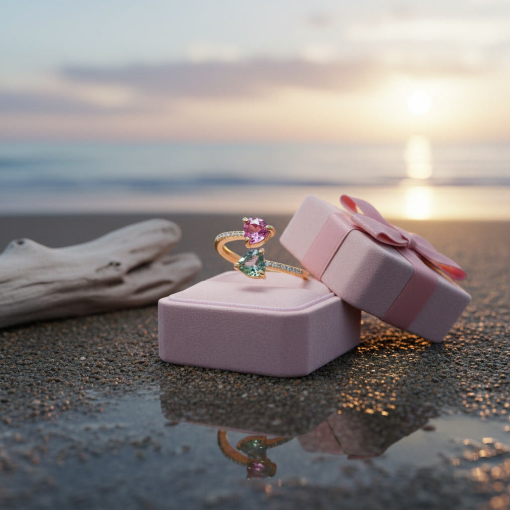 Natural Pink and Green Tourmaline Open Heart Ring with 5mm heart-cut gemstones and cubic zirconia accents in 925 sterling silver with platinum plated finish by PHIMSERA