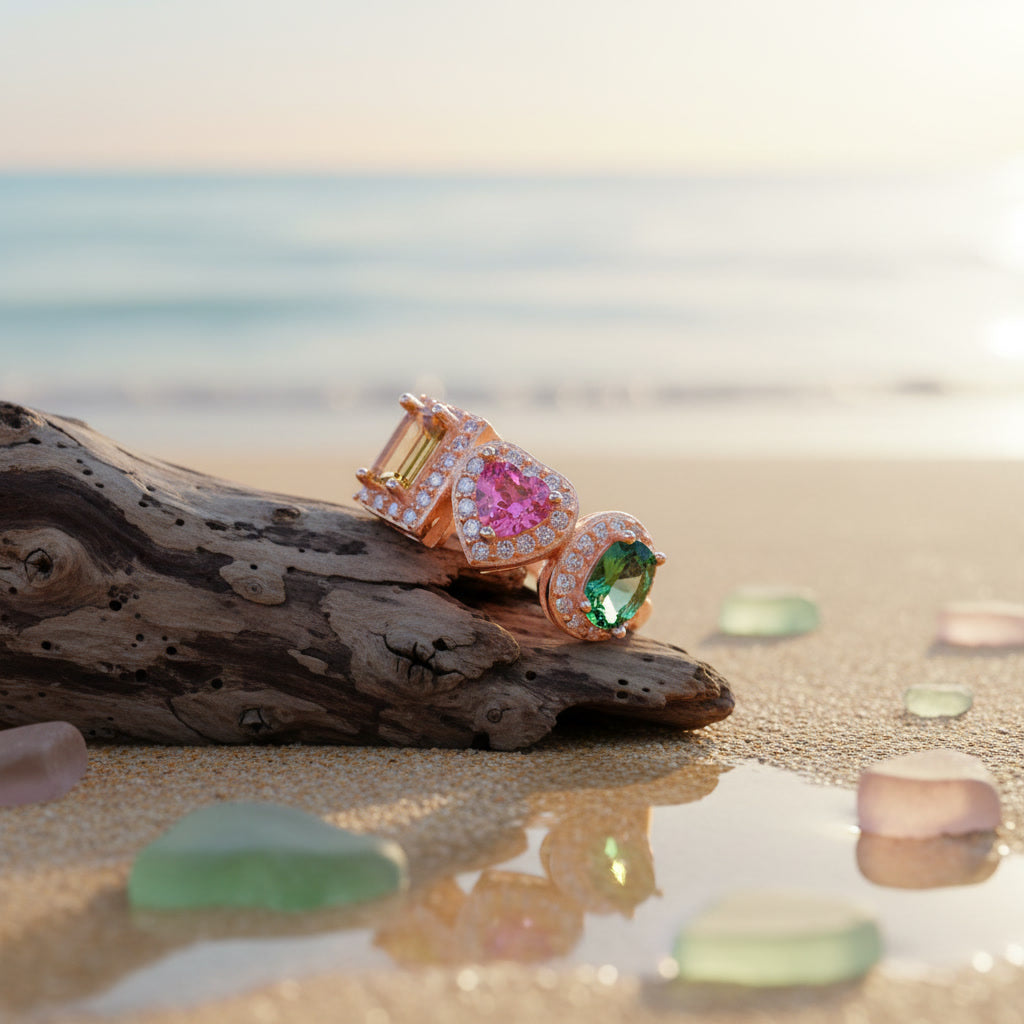 Natural Brazilian Multi Tourmaline Ring with emerald-cut, heart, and oval gemstones in 925 sterling silver with cubic zirconia accents by PHIMSERA