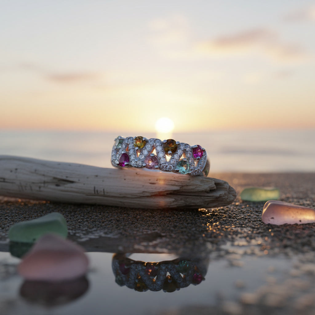 Natural Brazilian Multi Tourmaline Ring with 2.5mm colorful gemstones in 925 sterling silver with platinum plated finish by PHIMSERA