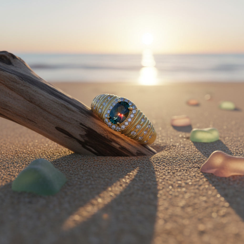 Natural Tourmaline Vintage Halo Ring with 4x6mm oval gemstone and cubic zirconia accents in 925 sterling silver with platinum plated finish by PHIMSERA