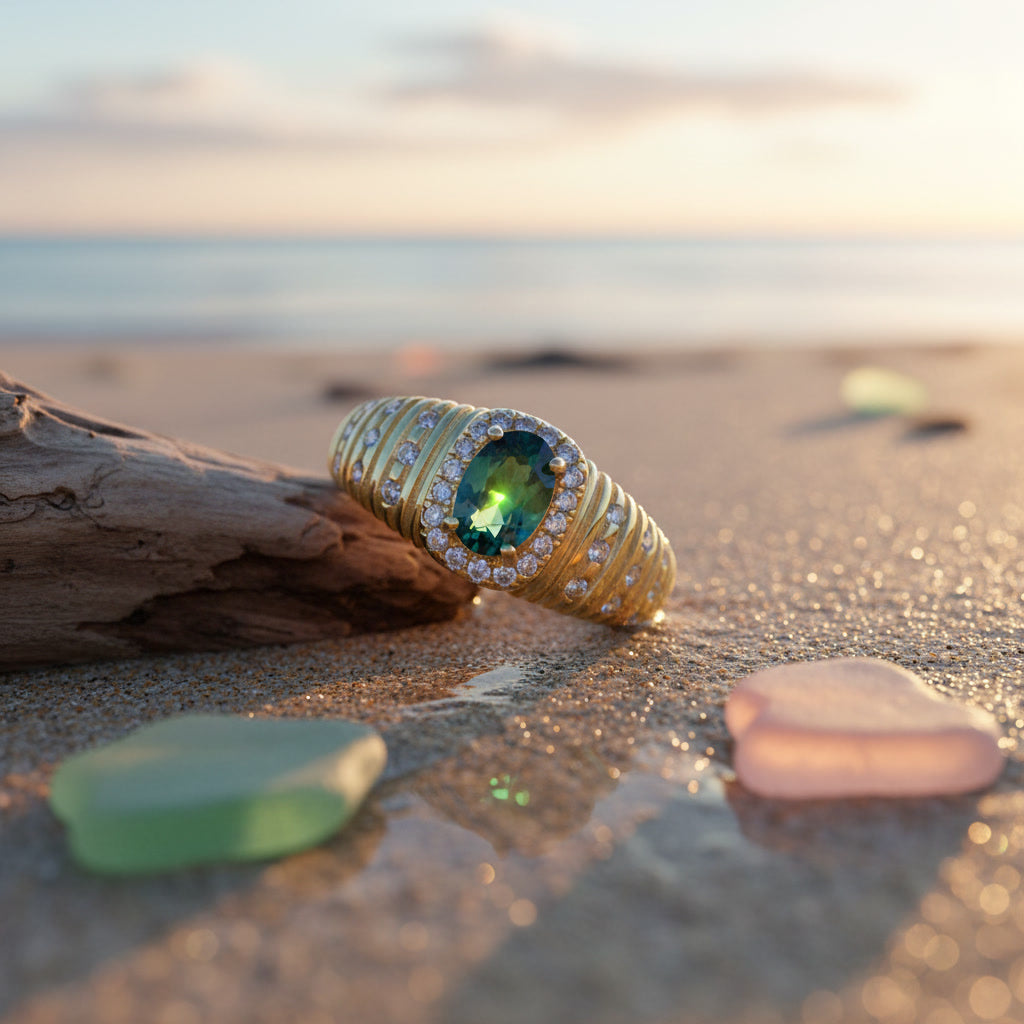 Natural Tourmaline Vintage Halo Ring with 4x6mm oval gemstone and cubic zirconia accents in 925 sterling silver with platinum plated finish by PHIMSERA