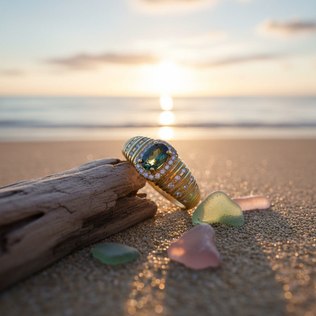 Natural Tourmaline Vintage Halo Ring with 4x6mm oval gemstone and cubic zirconia accents in 925 sterling silver with platinum plated finish by PHIMSERA
