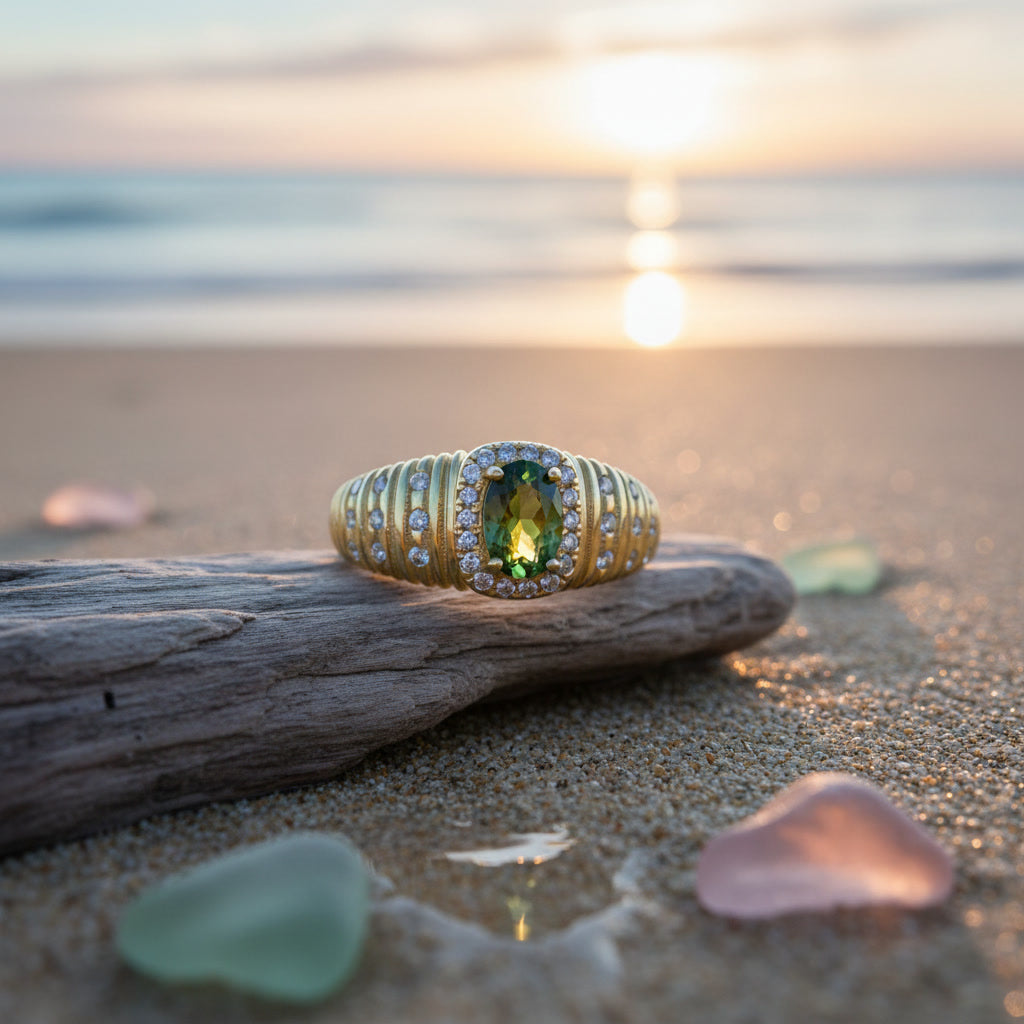 Natural Tourmaline Vintage Halo Ring with 4x6mm oval gemstone and cubic zirconia accents in 925 sterling silver with platinum plated finish by PHIMSERA