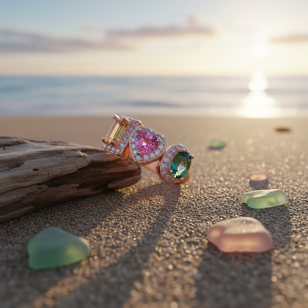 Natural Brazilian Multi Tourmaline Ring with emerald-cut, heart, and oval gemstones in 925 sterling silver with cubic zirconia accents by PHIMSERA