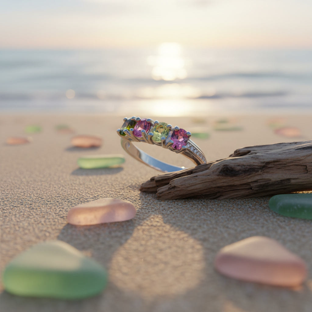 Natural Multi Tourmaline Ring with 3x4mm colorful gemstones and cubic zirconia accents in 925 sterling silver with platinum plated finish by PHIMSERA