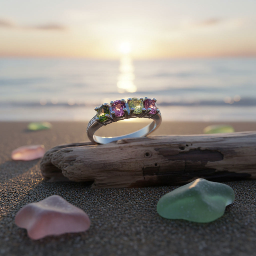 Natural Multi Tourmaline Ring with 3x4mm colorful gemstones and cubic zirconia accents in 925 sterling silver with platinum plated finish by PHIMSERA