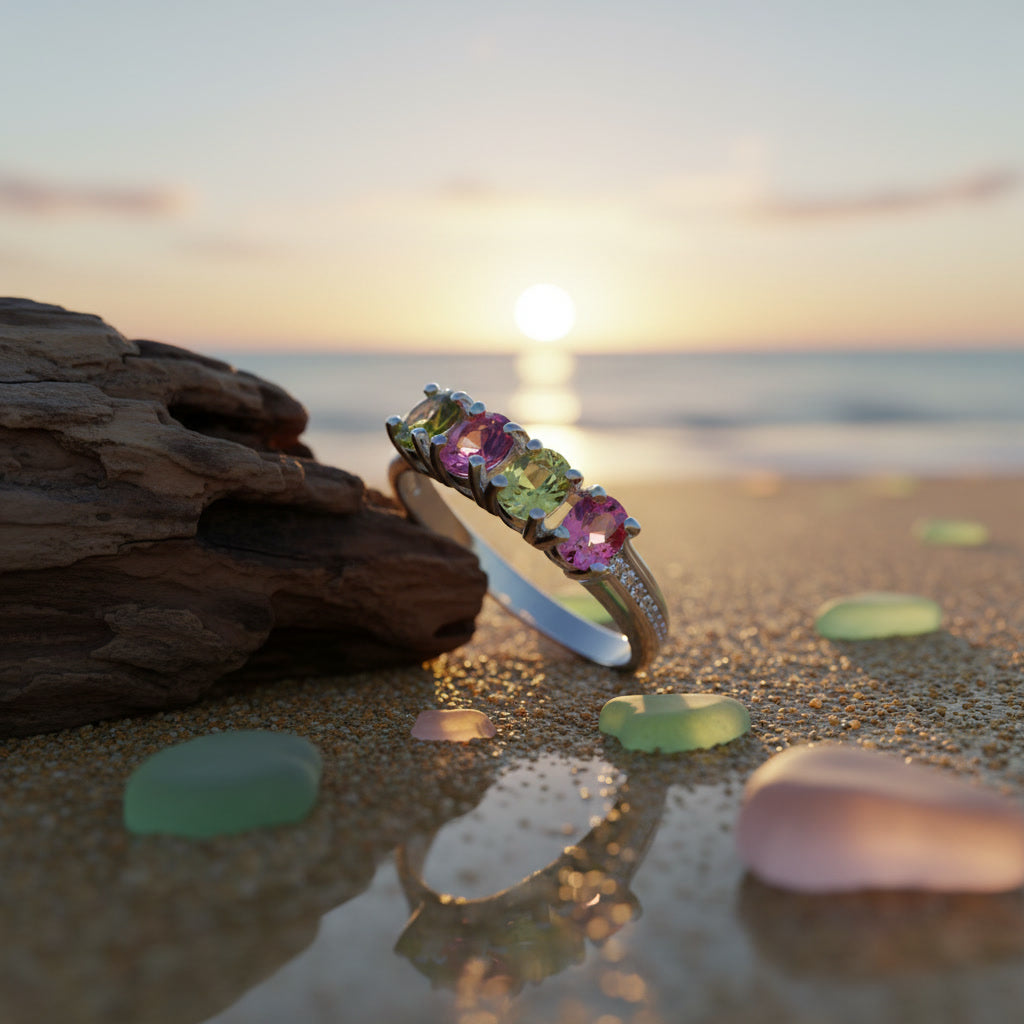 Natural Multi Tourmaline Ring with 3x4mm colorful gemstones and cubic zirconia accents in 925 sterling silver with platinum plated finish by PHIMSERA