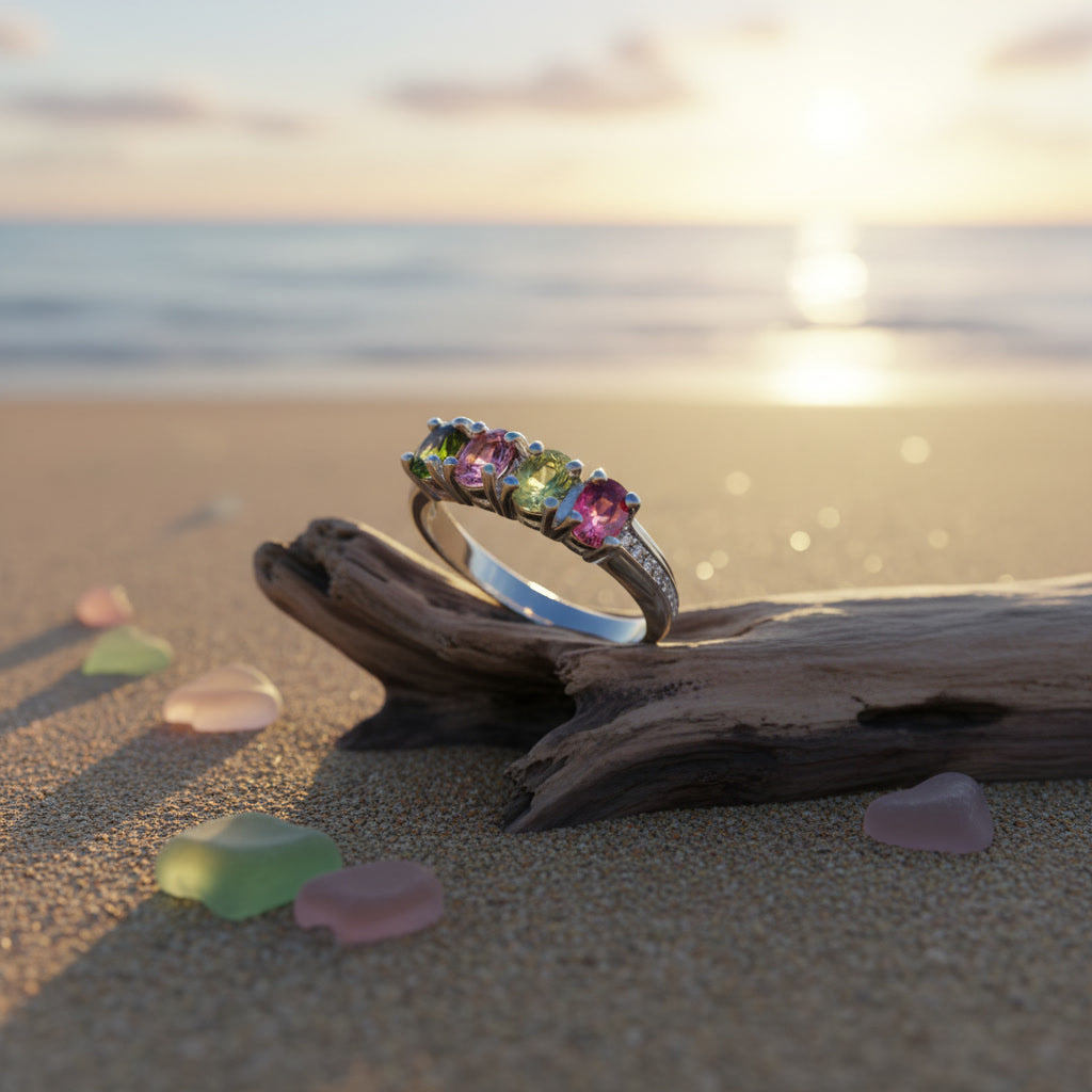 Natural Multi Tourmaline Ring with 3x4mm colorful gemstones and cubic zirconia accents in 925 sterling silver with platinum plated finish by PHIMSERA