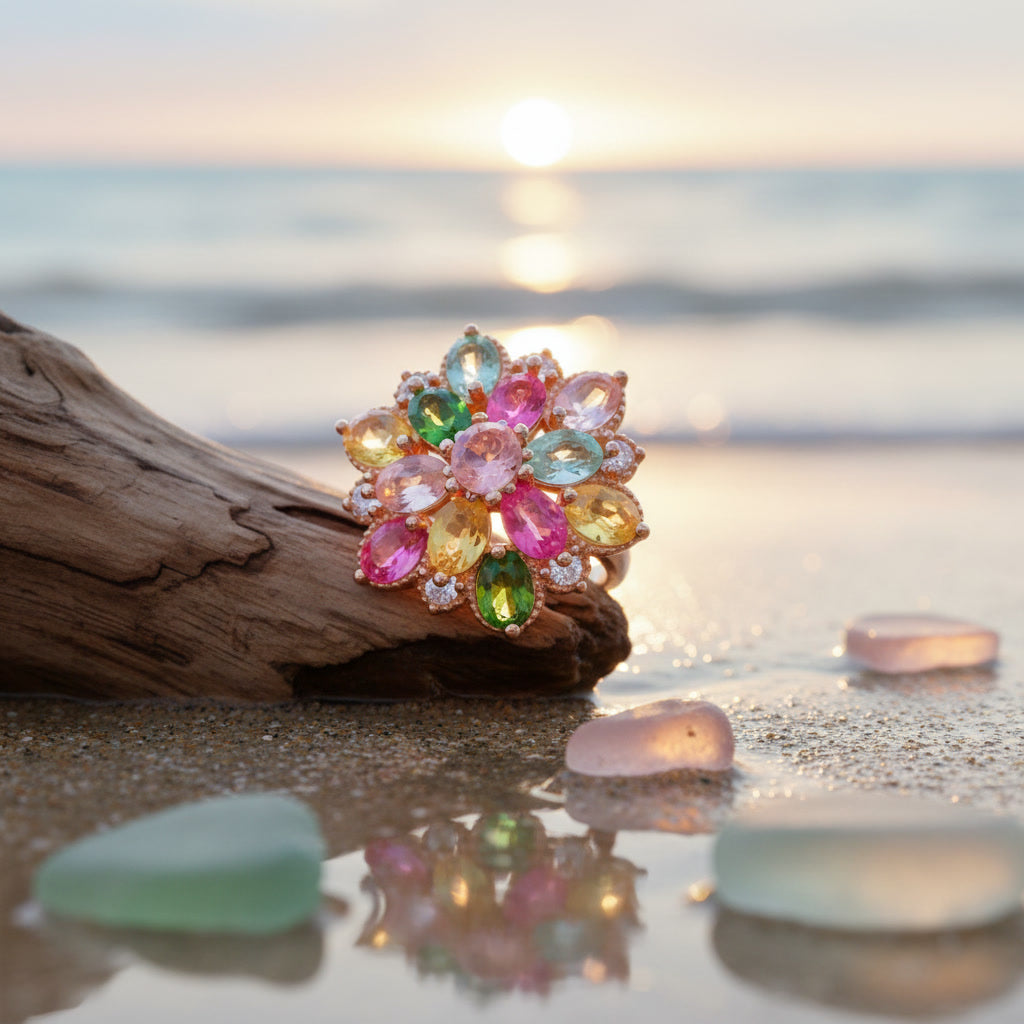 Natural Multi Tourmaline Floral Statement Ring with 3x4mm colorful gemstones and cubic zirconia accents in 925 sterling silver with platinum plated finish by PHIMSERA