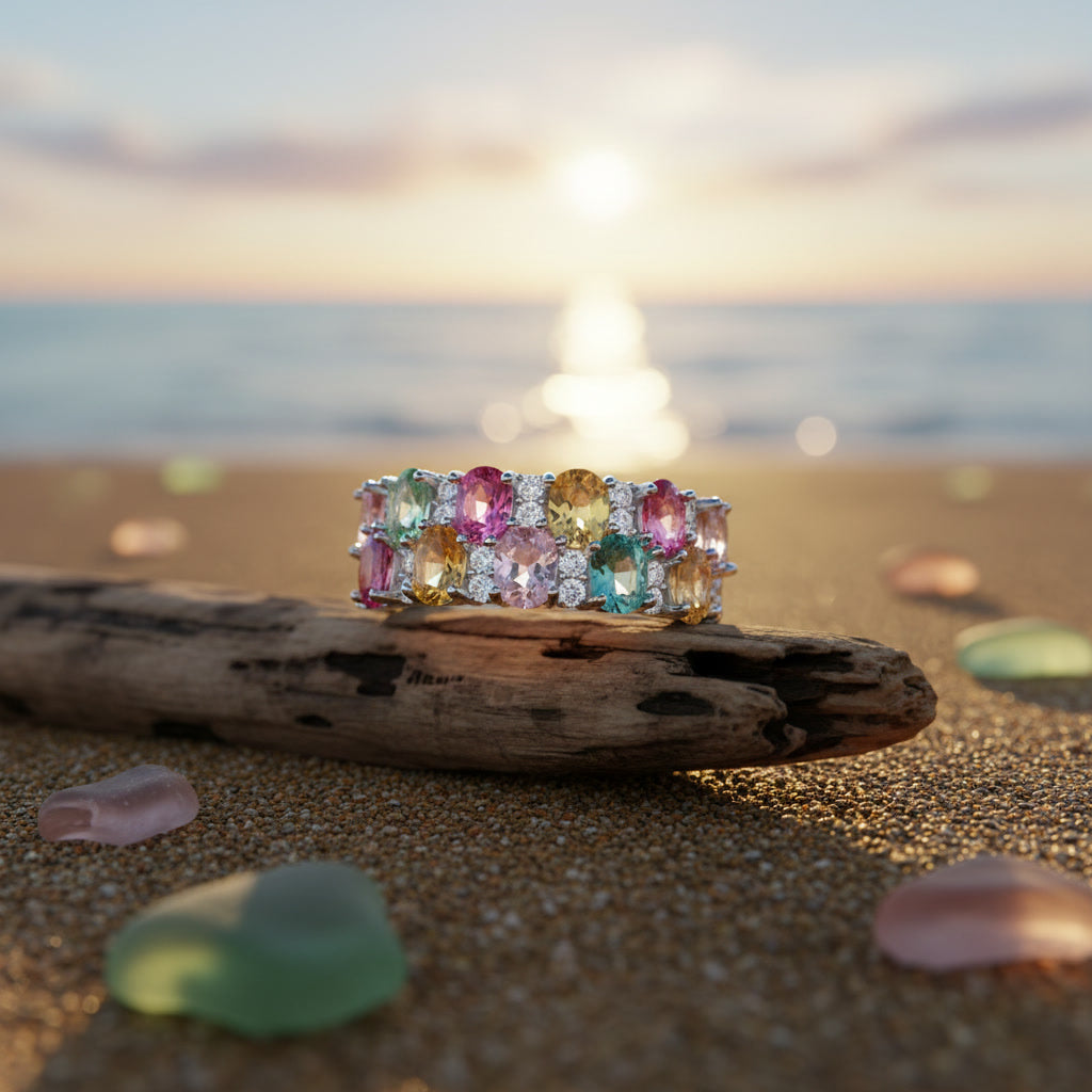 Natural Multi Tourmaline Cluster Ring with 3x4mm colorful gemstones and cubic zirconia accents in 925 sterling silver with platinum plated finish by PHIMSERA