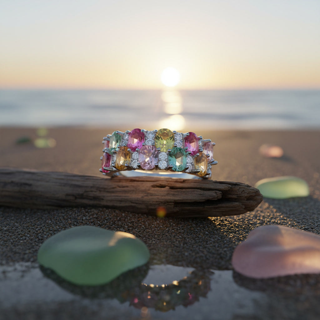 Natural Multi Tourmaline Cluster Ring with 3x4mm colorful gemstones and cubic zirconia accents in 925 sterling silver with platinum plated finish by PHIMSERA