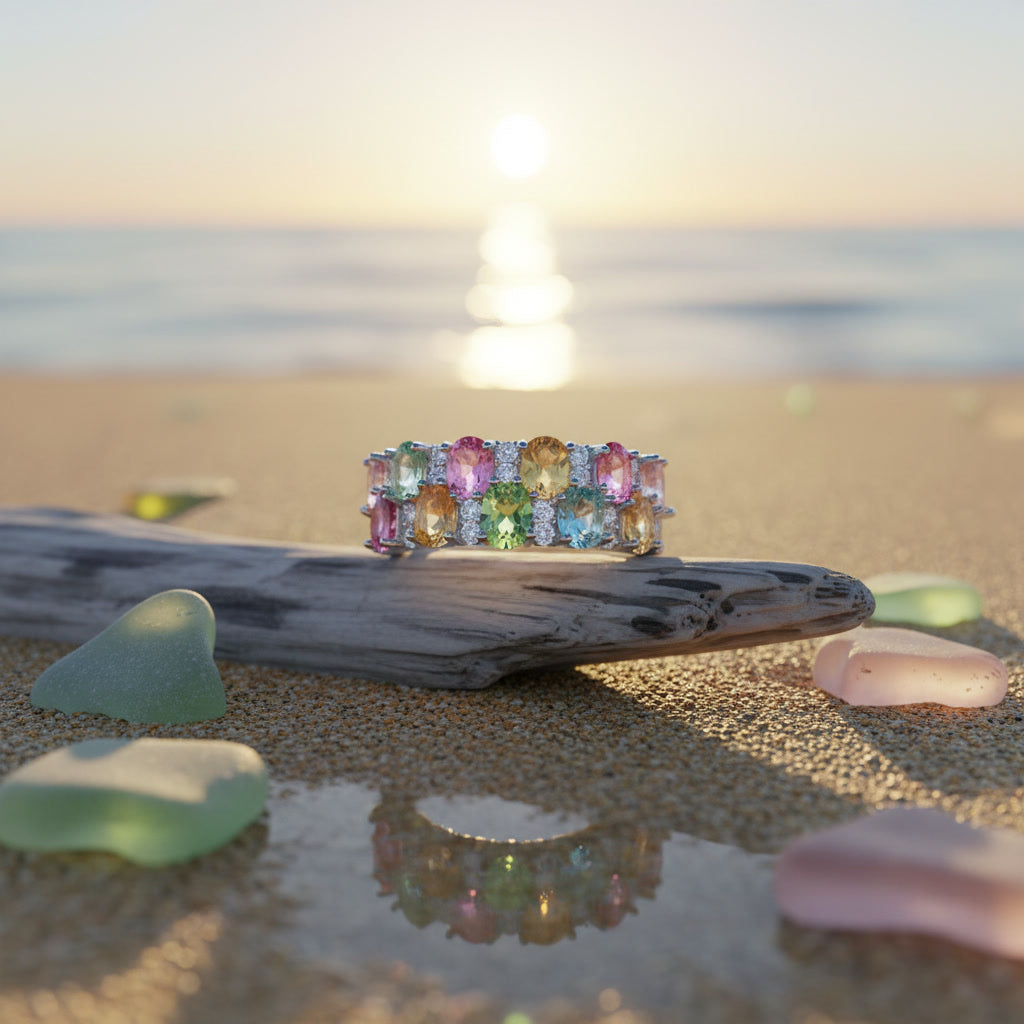 Natural Multi Tourmaline Cluster Ring with 3x4mm colorful gemstones and cubic zirconia accents in 925 sterling silver with platinum plated finish by PHIMSERA
