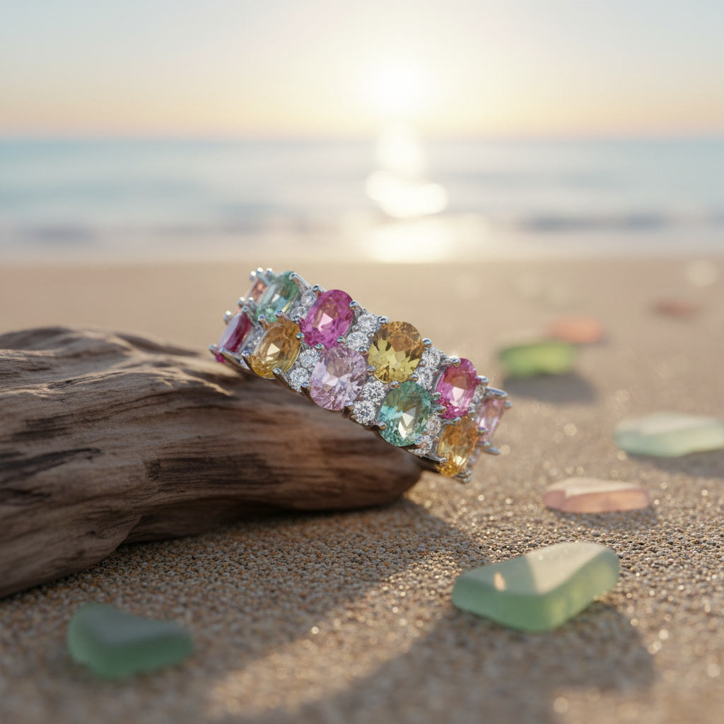 Natural Multi Tourmaline Cluster Ring with 3x4mm colorful gemstones and cubic zirconia accents in 925 sterling silver with platinum plated finish by PHIMSERA