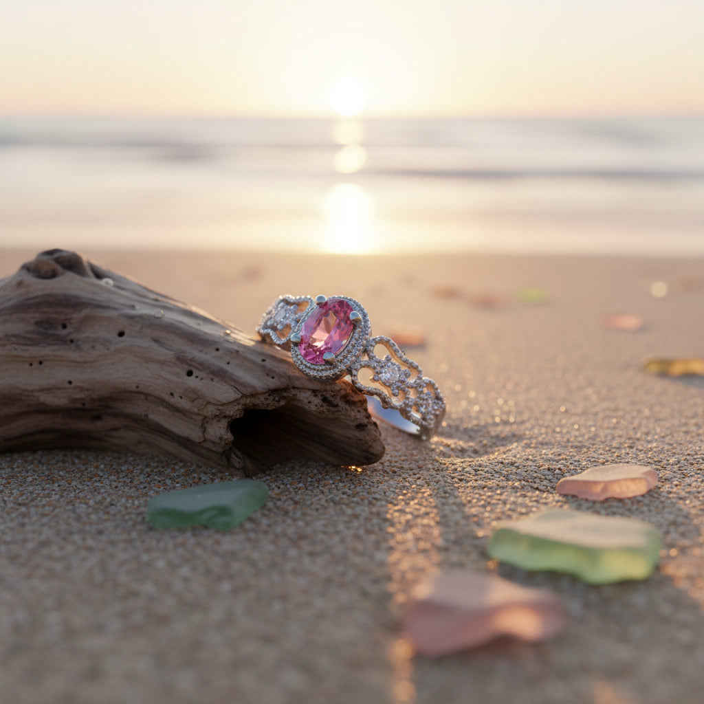 Natural Brazilian Pink Tourmaline Vintage Halo Ring with 4x6mm oval gemstone and cubic zirconia accents in 925 sterling silver with platinum plated finish by PHIMSERA