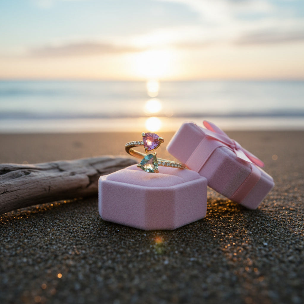 Natural Pink and Green Tourmaline Open Heart Ring with 5mm heart-cut gemstones and cubic zirconia accents in 925 sterling silver with platinum plated finish by PHIMSERA