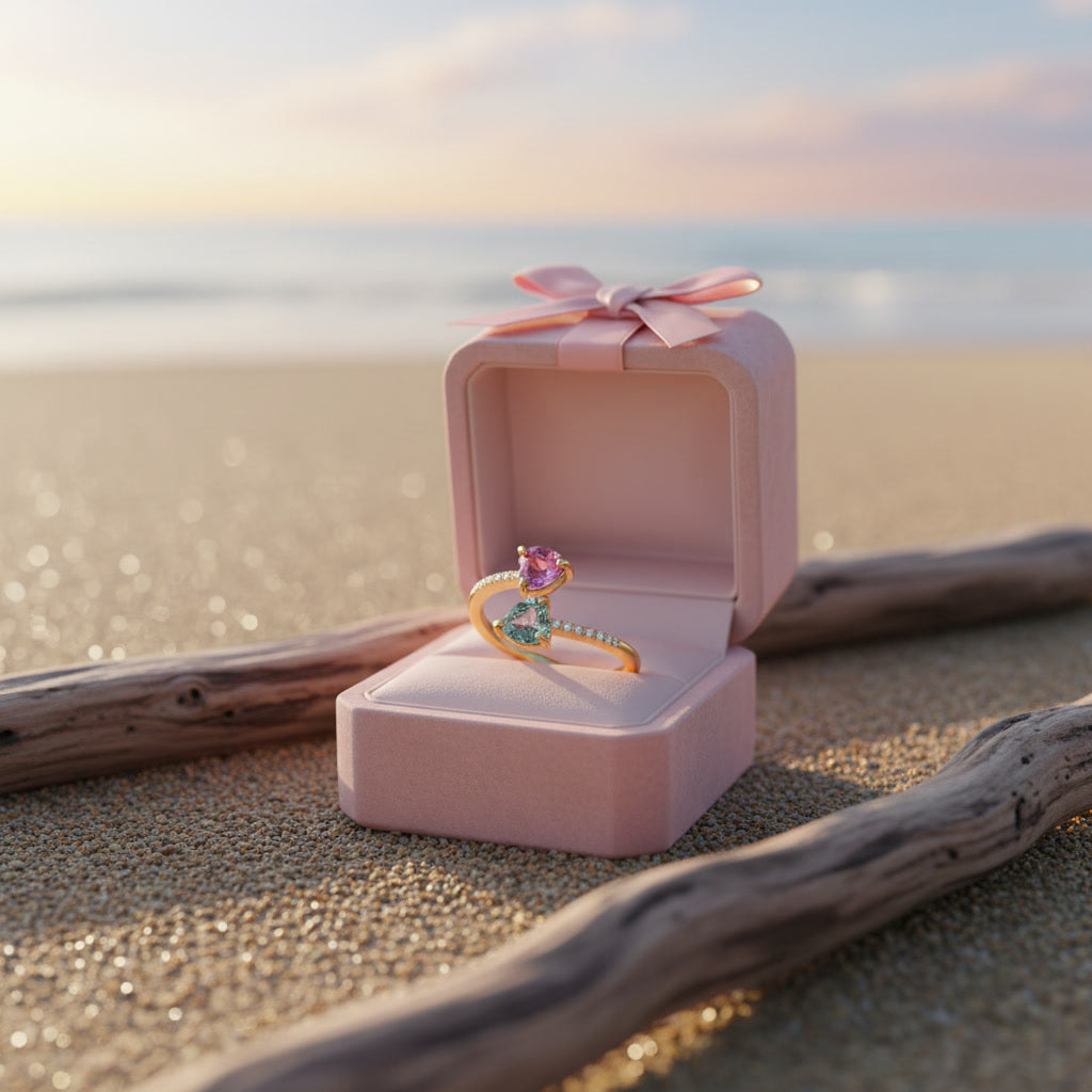 Natural Pink and Green Tourmaline Open Heart Ring with 5mm heart-cut gemstones and cubic zirconia accents in 925 sterling silver with platinum plated finish by PHIMSERA