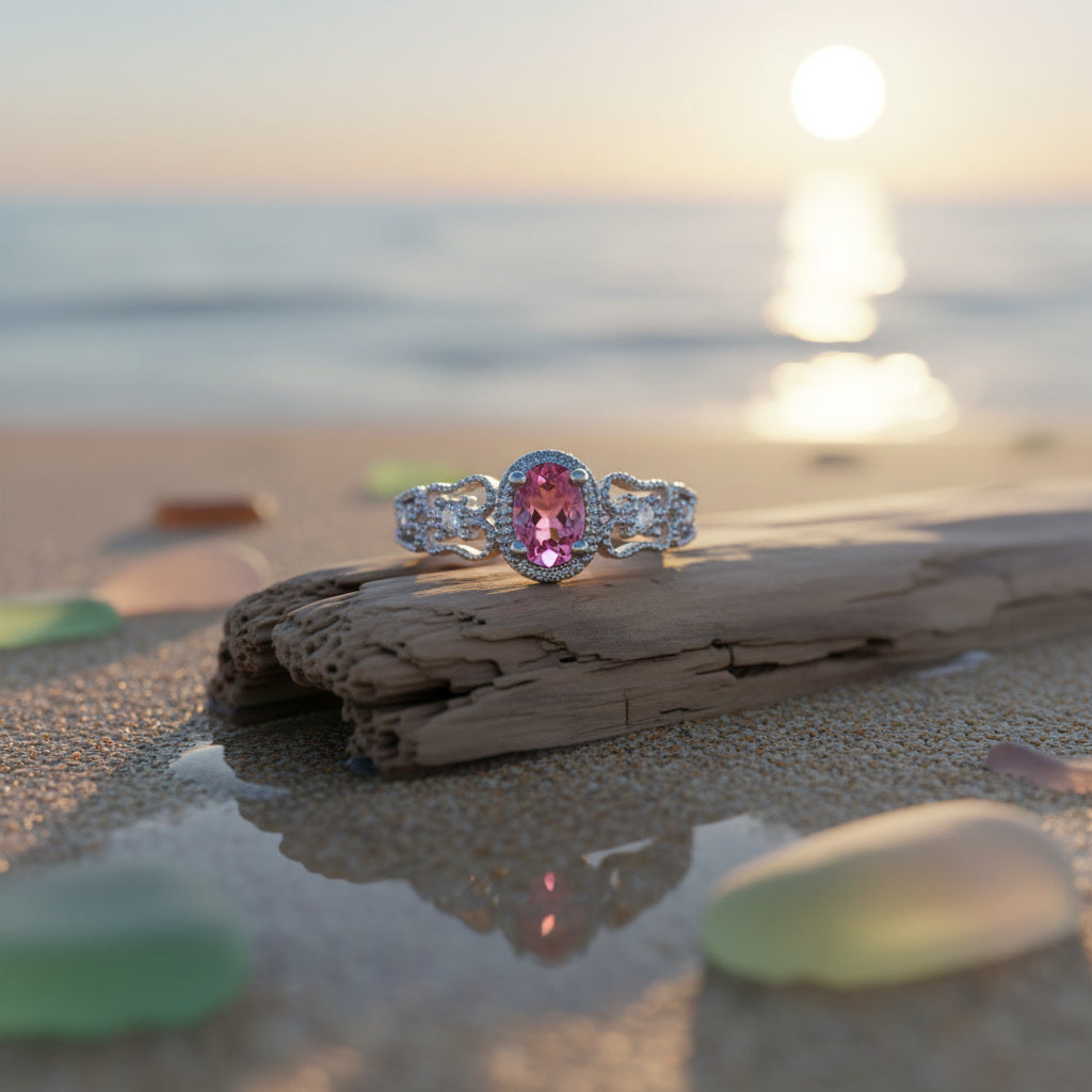 Natural Brazilian Pink Tourmaline Vintage Halo Ring with 4x6mm oval gemstone and cubic zirconia accents in 925 sterling silver with platinum plated finish by PHIMSERA