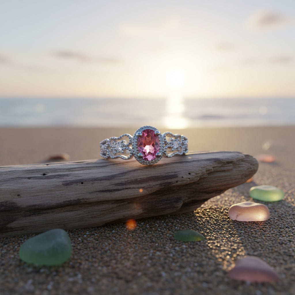 Natural Brazilian Pink Tourmaline Vintage Halo Ring with 4x6mm oval gemstone and cubic zirconia accents in 925 sterling silver with platinum plated finish by PHIMSERA