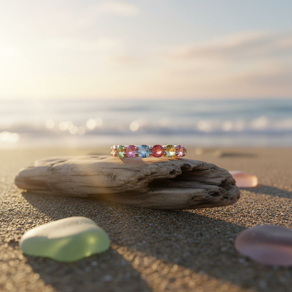 Natural Multi Tourmaline Ring with 3mm colorful gemstones in 925 sterling silver with platinum plated finish by PHIMSERA
