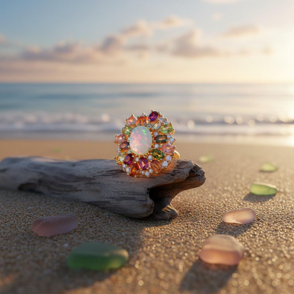 Fire Opal and Multicolor Tourmaline Statement Ring 7x9mm