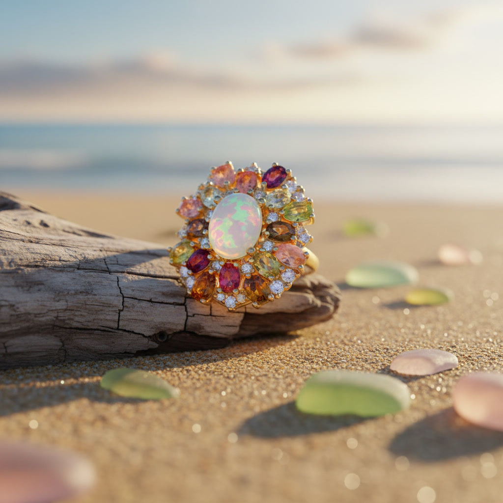 Fire Opal and Multicolor Tourmaline Statement Ring 7x9mm