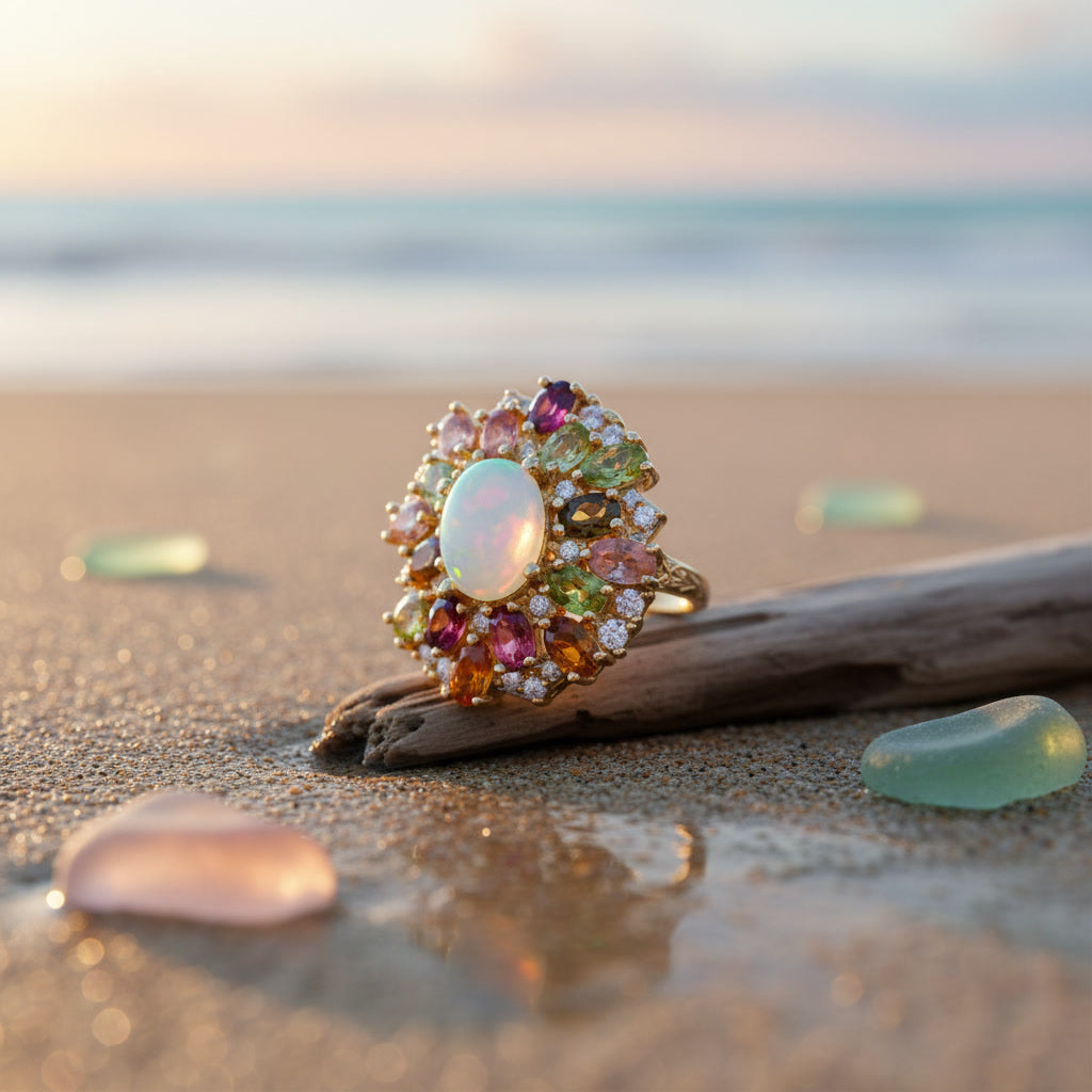 Fire Opal and Multicolor Tourmaline Statement Ring 7x9mm