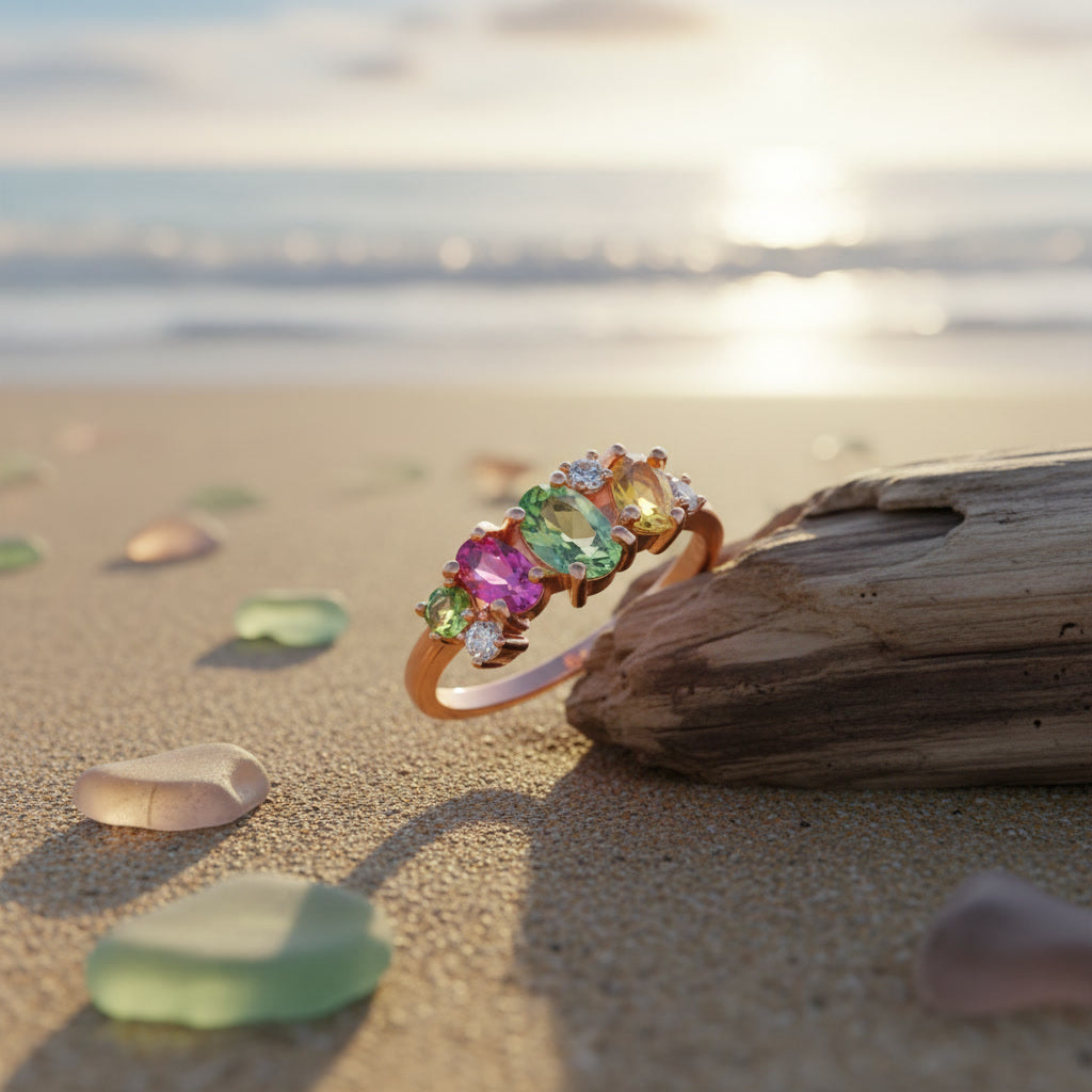 Natural Multi Tourmaline Statement Ring with mixed cut rainbow gemstones in pink green blue and golden tones crafted in 925 sterling silver by PHIMSERA