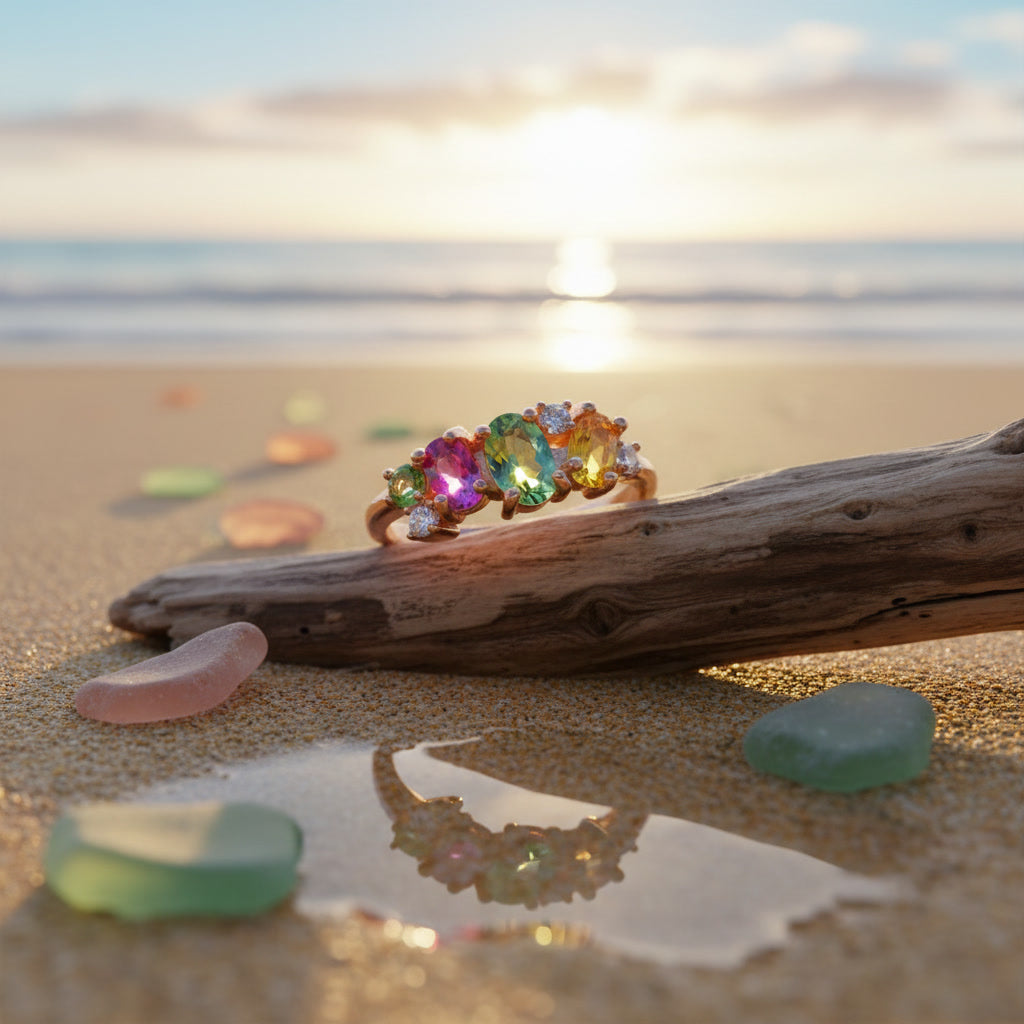 Natural Multi Tourmaline Statement Ring with mixed cut rainbow gemstones in pink green blue and golden tones crafted in 925 sterling silver by PHIMSERA